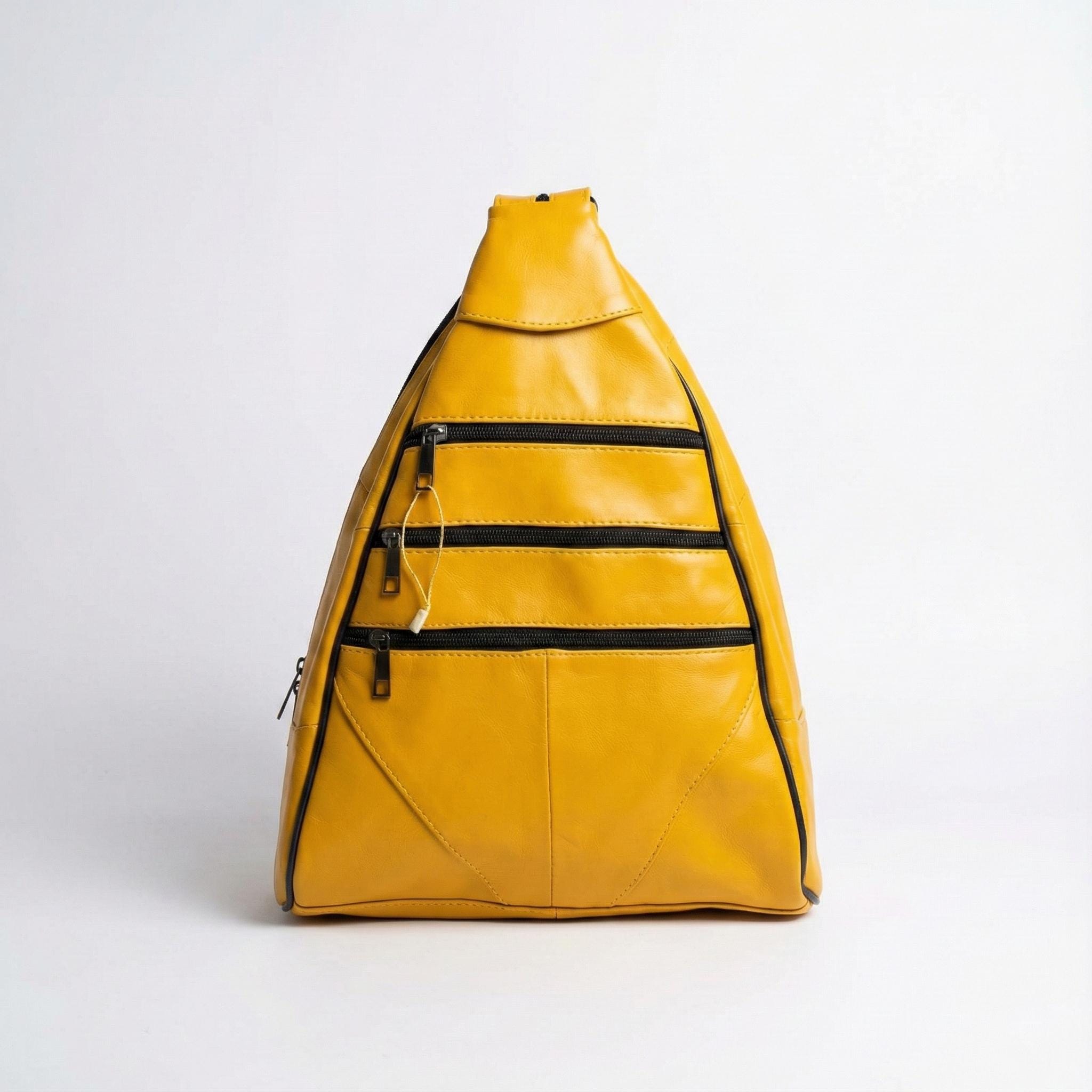 Mustard Yellow Leather Sling Bag, Handmade Triangle Backpack  display picture 2
