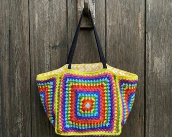Colorful Granny Square Crochet Bag, Handmade Cotton Tote, Boho Shoulder Bag