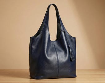 Navy Leather Hobo Bag, Oversized Slouchy Tote with Tassel