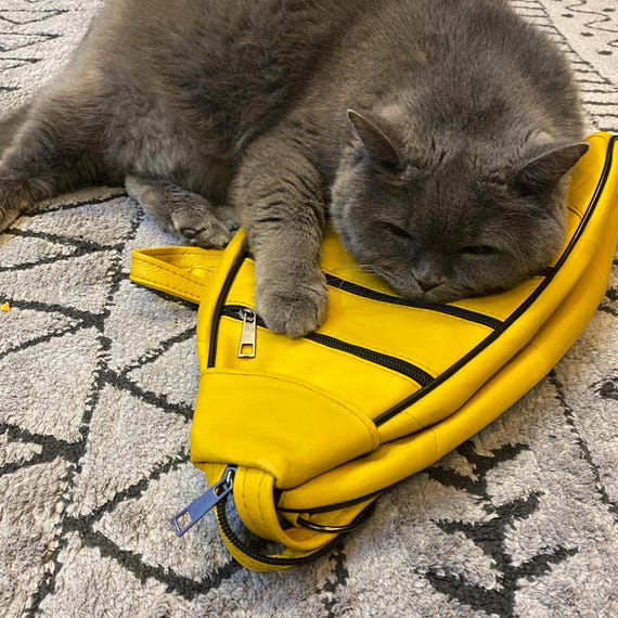 Mustard Yellow Leather Sling Bag, Handmade Triangle Backpack  display picture 1