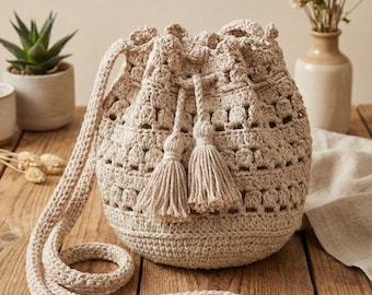 Crochet Bucket Bag, Boho Cotton Crossbody Purse with Tassels