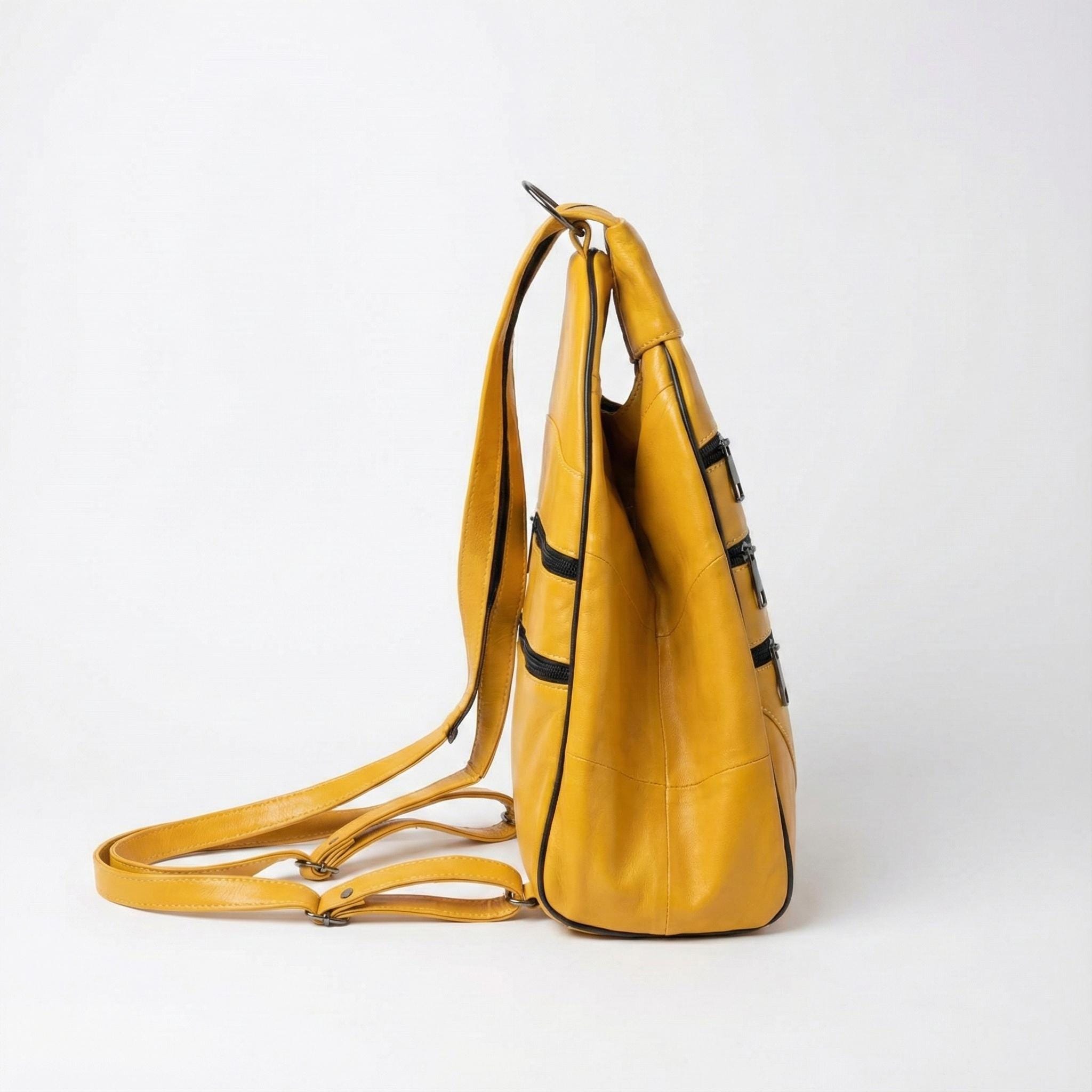 Mustard Yellow Leather Sling Bag, Handmade Triangle Backpack  display picture 1