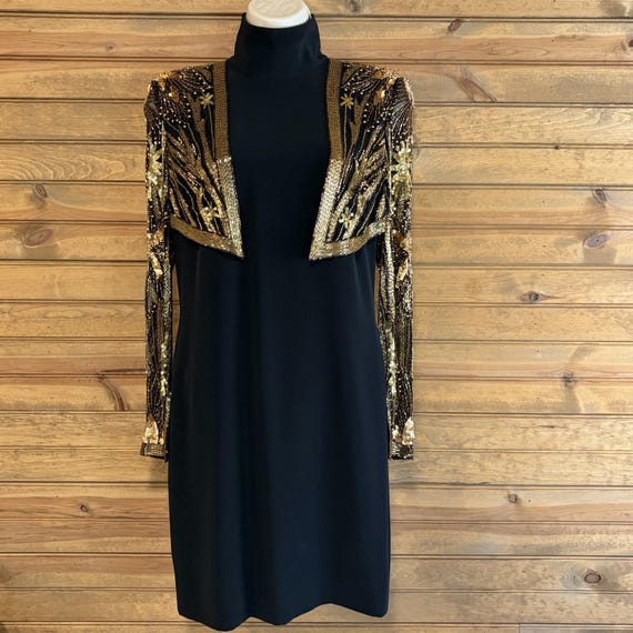 bob mackie evening dresses Bob Mackie Evening Bolero Dress Black Gold Beaded Vintage Size 4 1980’s