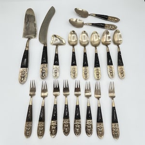 Vintage Siam Taiwan Brass Teak Wood Cutlery Knife Servers Spoons Forks Set of 18