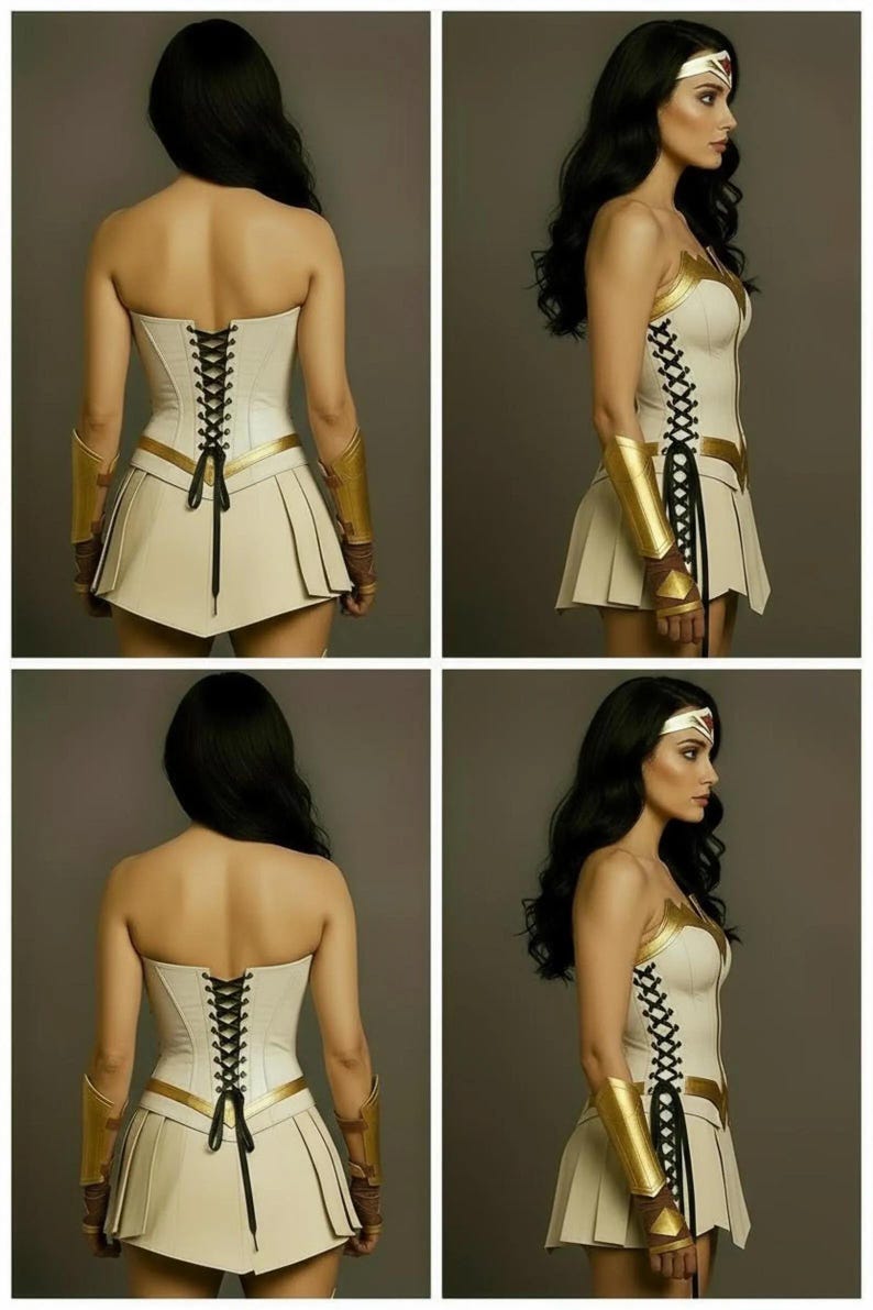 Pu&ograve; includere: Un top a corsetto senza spalline color crema con dettagli di allacciatura neri, abbinato a una gonna a pieghe coordinata. L'outfit include bracciali metallici dorati e una fascia per capelli dorata. Il corsetto presenta un corpetto strutturato con finiture dorate.