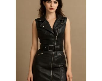 Handmade Nieten Schwarzes Lederkleid | Punk-Rocker-Outfit