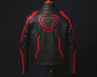 Tron Ares Inspired Leather Jacket | Red Strip Sci-Fi Biker Jacket | Futuristic Cosplay Outfit for Men | Light Up Cyberpunk