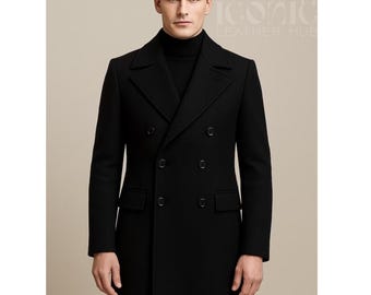 Men's Black Melton Wool Overcoat | Double Breasted Tweed Trench