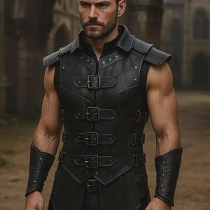 以下が含まれることがあります： 複数のバックルと肩パッドが付いた黒い革のベスト。ノースリーブのベストは黒いシャツの上に着用されています。お揃いの黒い革製のアームカフスも確認できます。背景には古い石造りの建物があります。