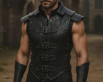 Gilet medievale in pelle nera fatto a mano: armatura da guerriero unisex