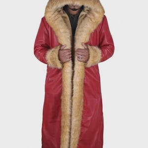 Handmade Santa Leather Coat: Red Christmas Trench with Faux Fur Trim