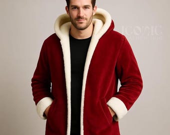 Santa Claus Cosplay Jacket | Red Velvet Christmas Coat with Faux Shearling | Handmade Holiday Winter Outfit for Men & Women