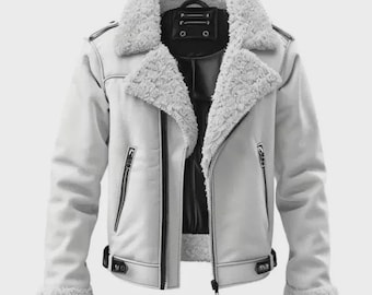 Giacca da aviatore in pelle di pecora bianca fatta a mano / Cappotto stile bomber RAF / Giacca da pilota vintage / Capospalla da uomo in montone