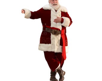 May include: A Santa Claus costume in burgundy red with white faux fur trim. The outfit includes a jacket, pants, and a wide belt with a gold buckle. A red sash and black boots complete the festive ensemble. The man has a white beard and is smiling.