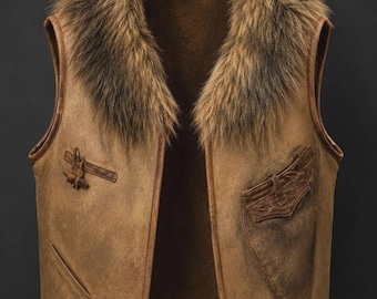 Men's Brown Suede Leather Vest with Faux Fur Collar | Handmade Cosplay Costume | Vintage Western Biker Vest | Custom Made