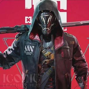 May include: A futuristic figure in a black hooded jacket with a red interior and a metallic mask. The jacket features a logo and text, with a sword or blade visible. The background is red with geometric designs and the text "ICONIC LEATHER HUB".