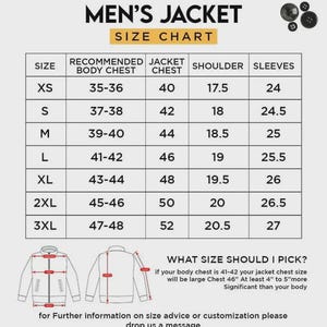 May include: A size chart for jackets, with measurements in inches. The chart includes sizes XS to 3XL, listing recommended body chest, jacket chest, shoulder, and sleeve measurements. Text at the bottom advises on choosing the correct size.