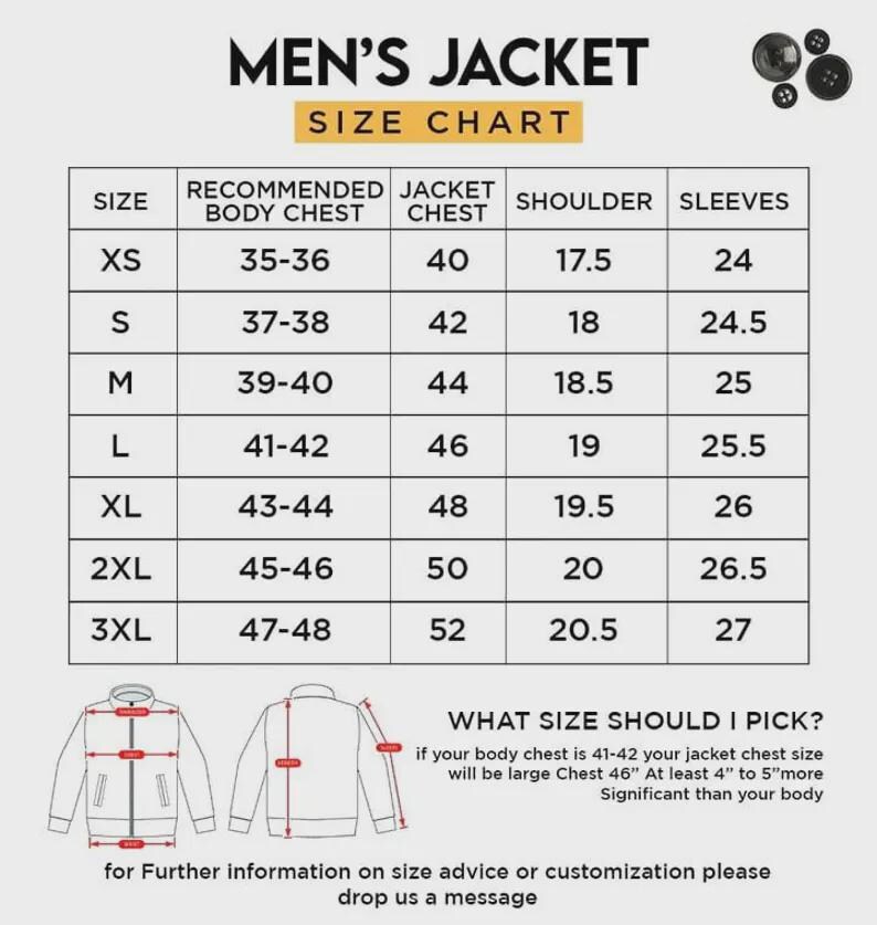 May include: A size chart for jackets, with measurements in inches. The chart includes sizes XS to 3XL, listing recommended body chest, jacket chest, shoulder, and sleeve measurements. Text at the bottom advises on choosing the correct size.