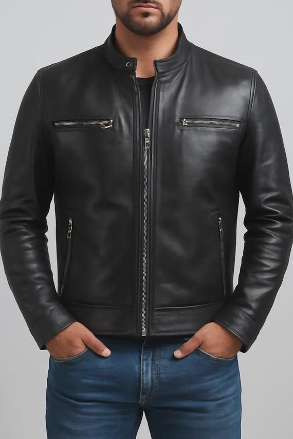 Slim Fit Lambskin Cafe Racer Jacket: Handmade Real Leather Motorcycle Coat
