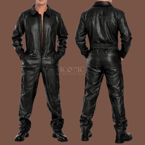 May include: A black leather jumpsuit with a collared neckline, long sleeves, and a front zipper closure. The jumpsuit features pockets and is shown from the front and back views. The boots are black.