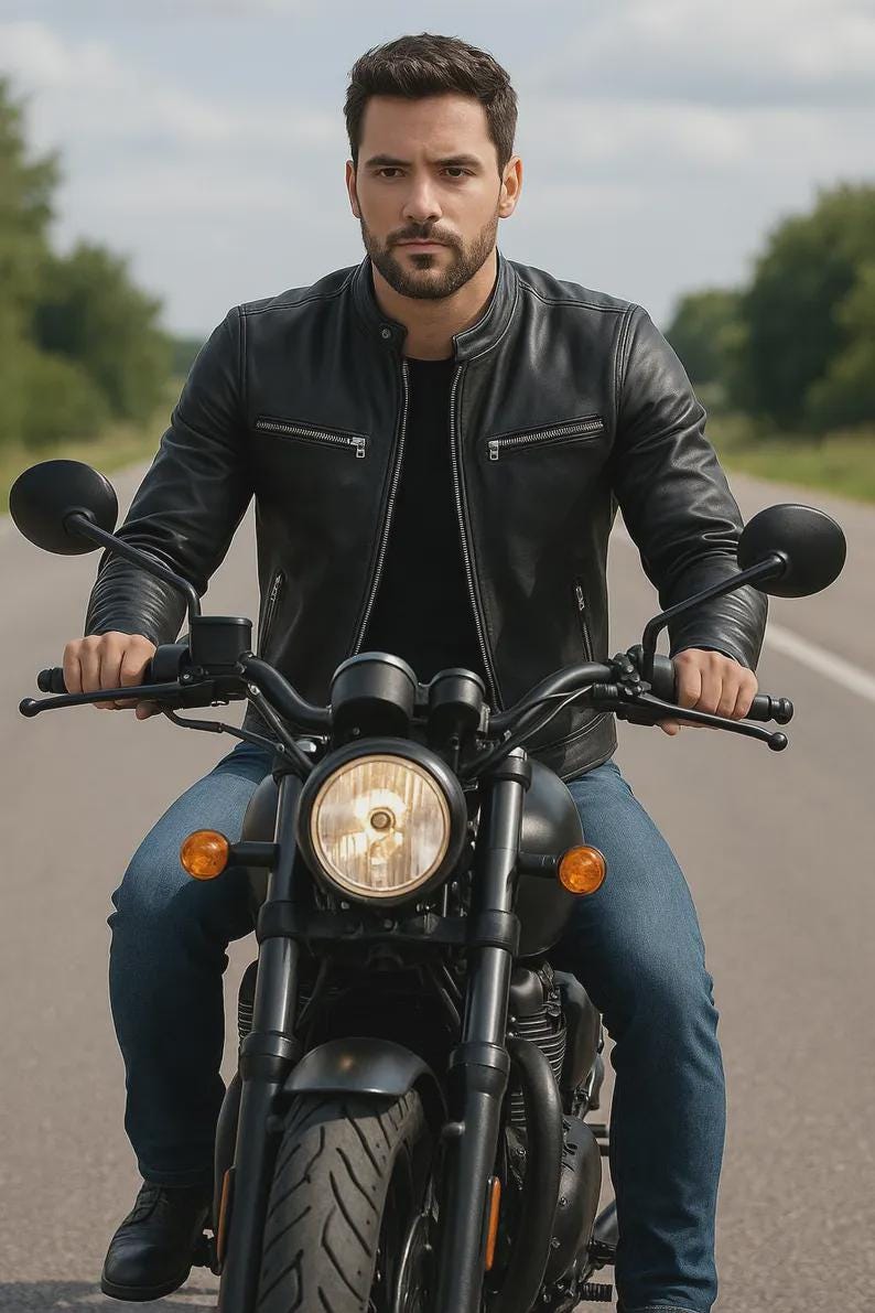 May include: A person wearing a black leather jacket and blue jeans rides a black motorcycle on a paved road. The motorcycle has a round headlight and orange turn signals. The background is blurred with green trees.