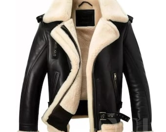 Black Aviator Shearling Leather Jacket | Men’s Sheepskin Bomber Biker Coat | Handmade Real Leather Winter Jacket with Fur Lining