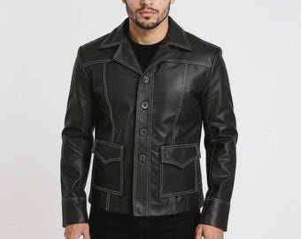Vtg 1970's Brown Leather Men's Fight Club Trench Jacket Brad Pitt