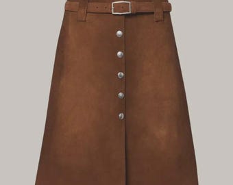 Handmade Brown Suede Midi Skirt | Vintage A-Line Belted Design