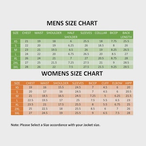 以下が含まれることがあります： 男性用と女性用のジャケットのサイズチャートで、センチメートル単位の測定値が記載されています。 XSから3XLまでのサイズが含まれており、胸囲、ウエスト、肩幅、袖丈などの寸法が記載されています。 下部のテキストには「注：ジャケットのサイズに合わせてサイズをお選びください」と書かれています。