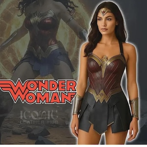 May include: A Wonder Woman costume featuring a burgundy and gold bodice, black skirt, and gold arm cuffs. The image includes the Wonder Woman logo and the text "ICONIC LEATHER HUB".
