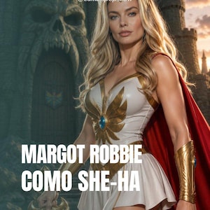 May include: A blonde individual dressed as She-Ra in a white and gold costume with a red cape, gold arm cuffs, and a gold headpiece. The character holds a gold sword with a blue gem. Text reads @culturapopshow and MARGOT ROBBIE COMO SHE-HA.
