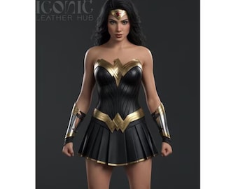 Wonder Warrior Czarno-złota skórzana zbroja Cosplay kostium ręcznie robiony strój fantasy superbohatera dla kobiet