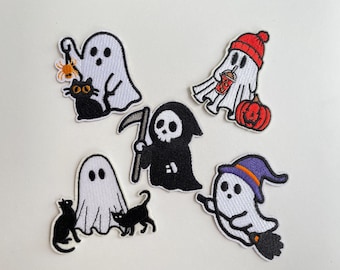 Halloween Aufnäher süßer Geist schwarze Katze Gespenst Bügelbild DIY Patch niedlicher Kürbislaterne Death Spirit Reaper Grim Sensenmann