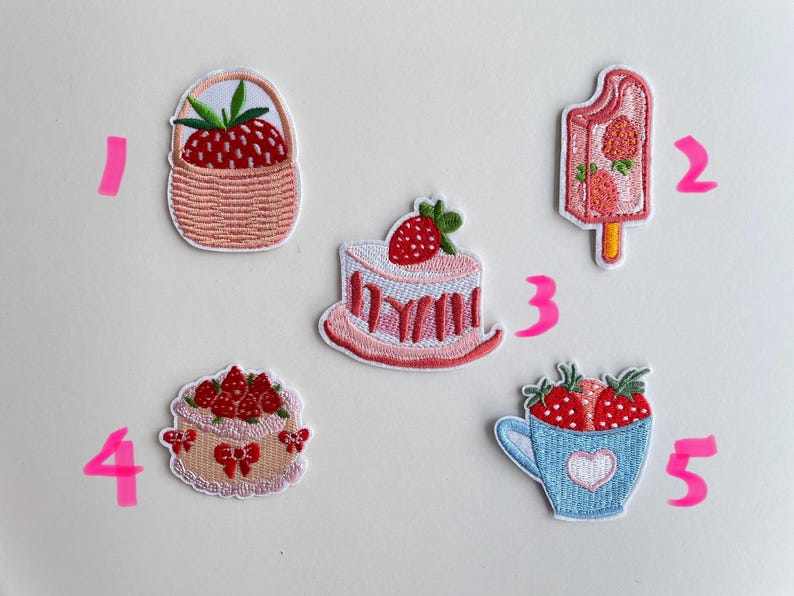 Strawberry Food Patch – Cute Embroidery Aufnäher Ice Pop Cake Wedding Cake Hot Drink Kawaii Iron On Patch for Jacket Bag DIY Gift Bild 2