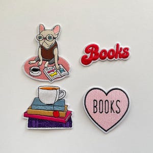 Books Dog Tea Iron-On Patches Reading Bookworm Embroidery Librarian DIY