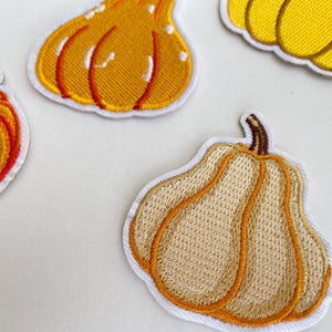 May include: Embroidered patches featuring various pumpkin designs in shades of orange, yellow, and tan. Each patch has a white border and detailed stitching, perfect for fall-themed crafts and decorations.