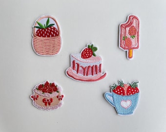 Strawberry Food Patch - Cute Embroidery Patch Ice Pop Cake Wedding Cake Hot Drink Kawaii Iron On Patch for Jacket Bag DIY Gift