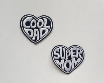 Cool Dad Super Mom Iron-on Patch Heart Embroidery Father's Day Mother's Day Gift DIY Clothing Decoration Statement Black and White Patch