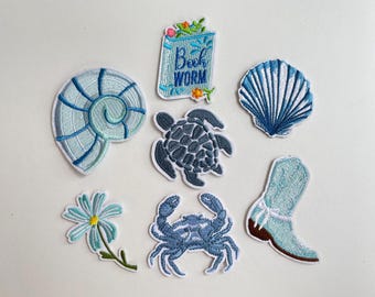 Blue Soft Girl Patch Set Sea Shell Snail Turtle Crab Blue Flowers Bow Western Cowboy Boots Book Patch DIY T Shirt
