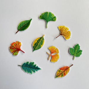 Könnte beinhalten: Eine Sammlung gestickter Blätter-Patches in verschiedenen Formen und Farben, darunter Grün, Gelb und Orange. Die Patches sind auf einer weißen Oberfläche angeordnet und zeigen detaillierte Stickereien und naturalistische Designs.