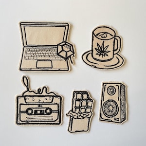 Retro Lifestyle Iron-On Patch for Laptop, Cassette, Speaker, Black and White, Realistic Canvas, Linen, Cotton