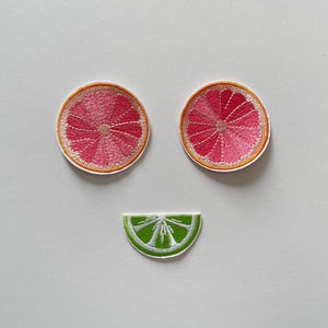 May include: Embroidered patches with a citrus fruit design. Two round patches show pink grapefruit slices with orange and white borders. A green lime slice patch completes the design, forming a smiling face.