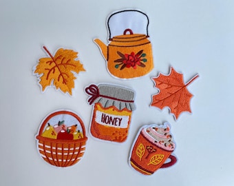 Cozy Autumn Patch Autumn Patch Teapot Fruit Basket Honey Maple Leaf Cocoa DIY Embroidery Autumn Decoration for Clothes Bag Backpack