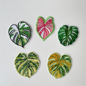 Op de afbeelding: Vijf geborduurde bladpatches in verschillende tinten groen, roze en geel. De patches hebben gedetailleerde stiksels en witte randen. De bladeren hebben verschillende patronen en vormen, die lijken op tropische planten.