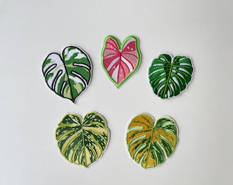 Tropical Plant Leaf Patch - Cute Monstera Embroidery Patch Hand-Drawn Green Pink Foliage Kawaii Iron On Patch DIY Gift Plant Lovers