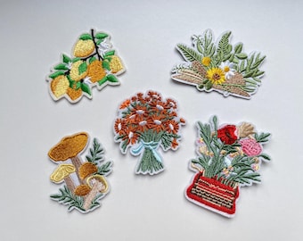 Bohemian Flower Patch, Autumn Bouquet, Wildflowers, Lemons, Mushrooms, Red Typewriter, DIY Embroidery for Clothes, Bag, Backpack
