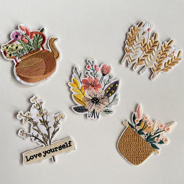 Wildflower Patch Boho Bouquet & Flower Basket Patch, Autumn Florals Embroidery Applique Denim Jacket Backpack DIY Self-Love Embroidery