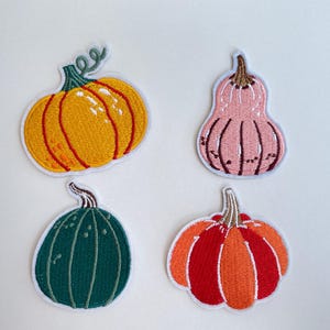 Könnte beinhalten: Vier gestickte Kürbis-Patches in Gelb, Rosa, Grün und Rot-Orange. Jeder Patch hat einen weißen Rand und detaillierte Nähte, ideal für herbstliche Bastelarbeiten und Dekorationen.