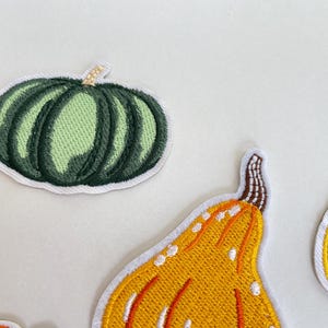 May include: Embroidered patches featuring various pumpkin designs. One patch is a green pumpkin with a light green center. Another is a yellow pumpkin with white spots and orange accents. The patches have white borders and are likely for decorative use.