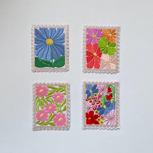 Floral Stamp Embroidery Patch Flower Postage Stamp Iron On Sew On Applique Botanical Garden Backpack Jacket
